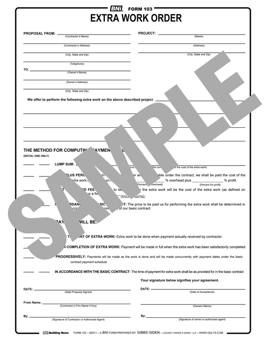 Form 103: Extra Work Order