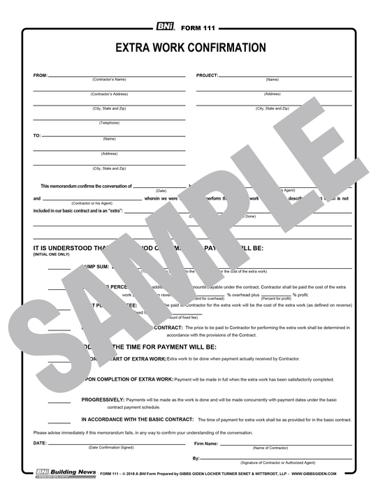 Form 111: Extra Work Confirmation (Reusable PDF Format)
