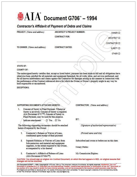 AIA G706-1994: Affidavit of Payment of Debts & Claims (50 Pack)