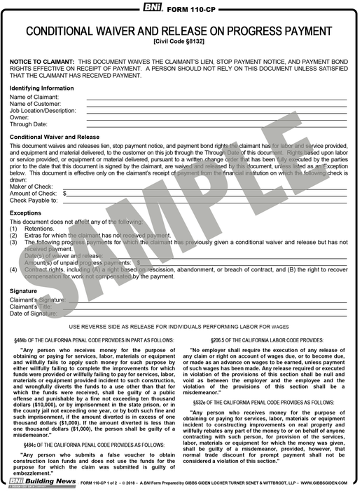 Form 110CP: Conditional Waiver and Release Upon Progress Payment