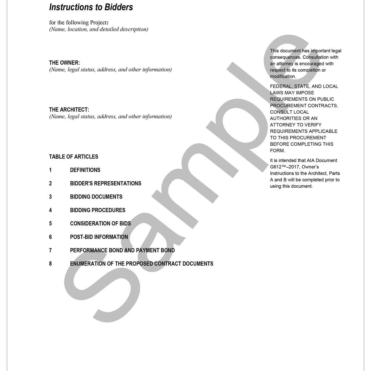 AIA A701-2018: Instructions to Bidders