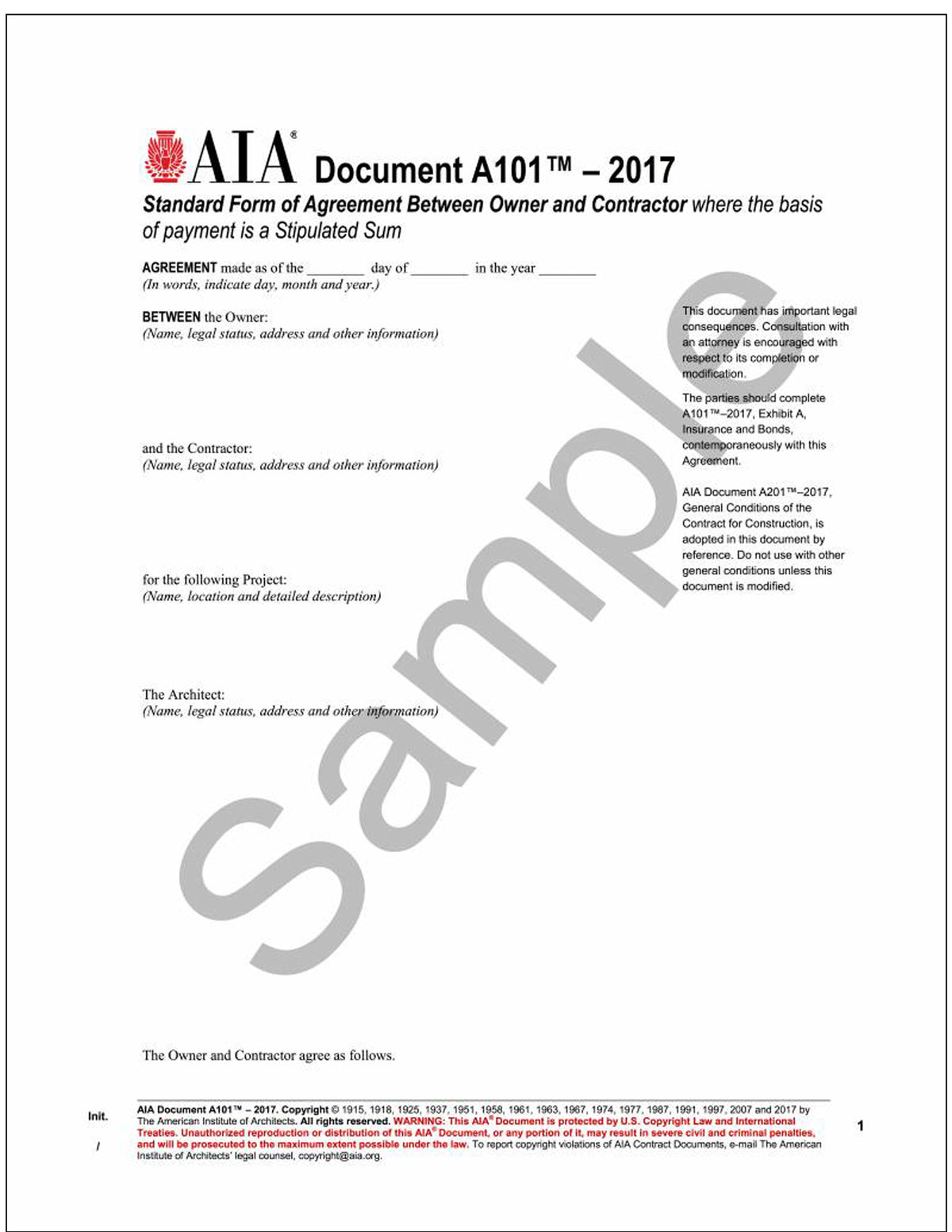 AIA A101-2017 Standard Form of Agreement Between Owner and Contractor