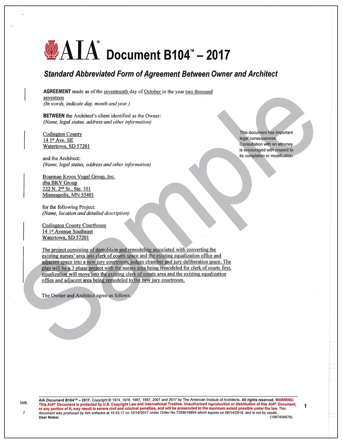 B104– 2017 Standard Abbreviated Form of Agreement Between Owner and Ar ...