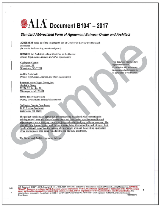 B104– 2017 Standard Abbreviated Form of Agreement Between Owner and Architect