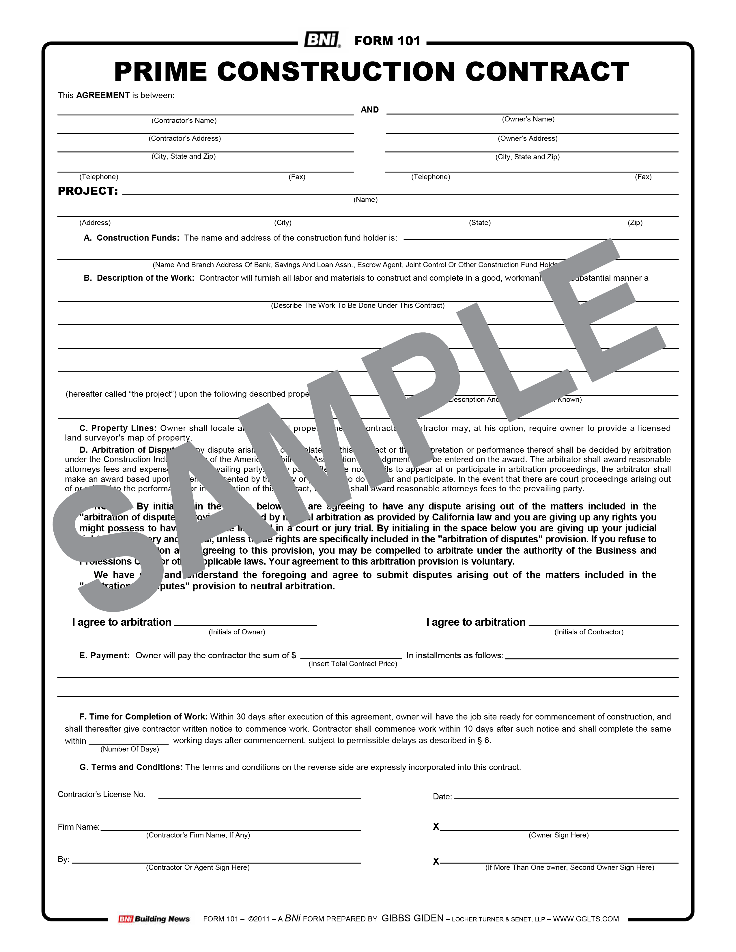 Prime Contract Form 101: Prime Construction Contract (Reusable PDF version)