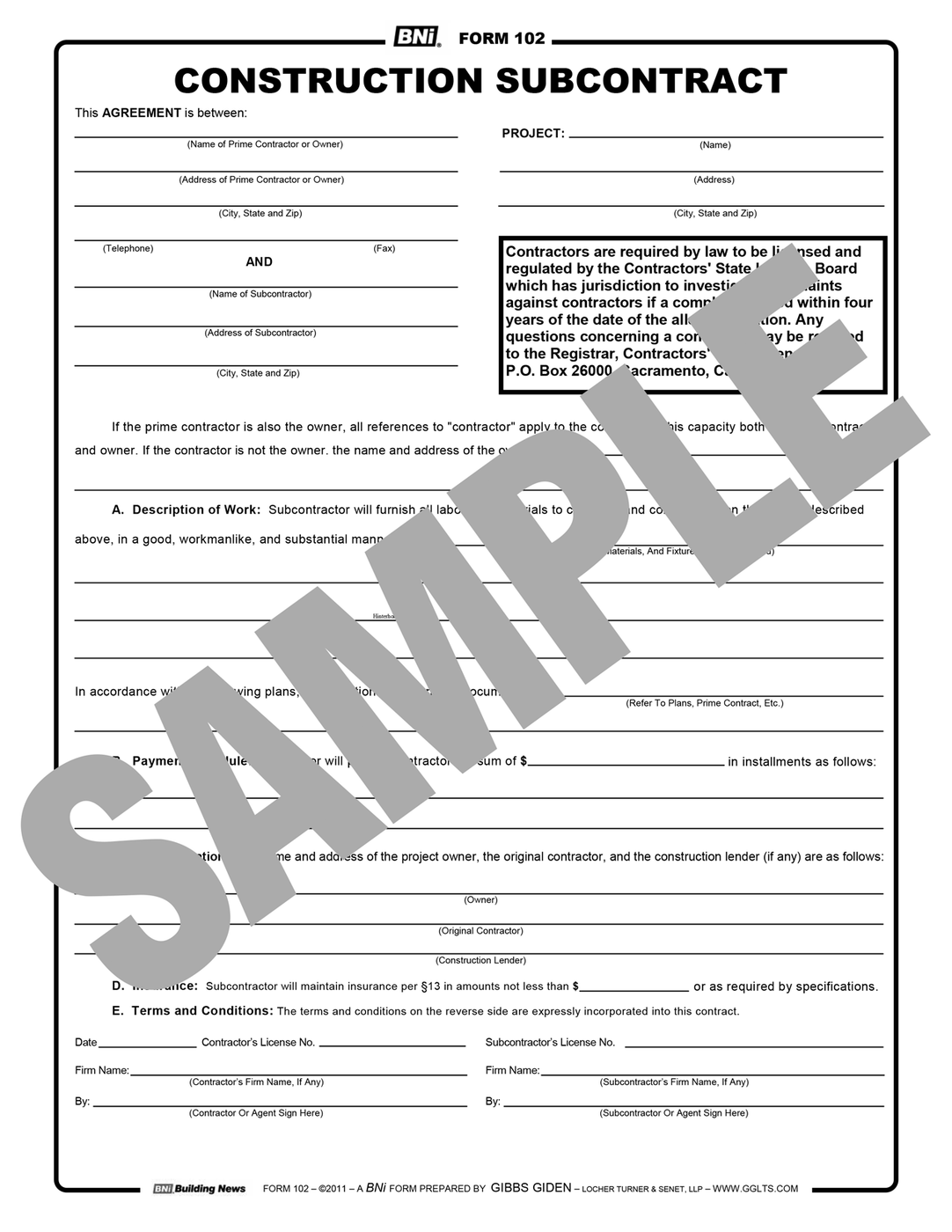 Form 102: Construction Subcontract (Reusable PDF Format) — BNi Building ...