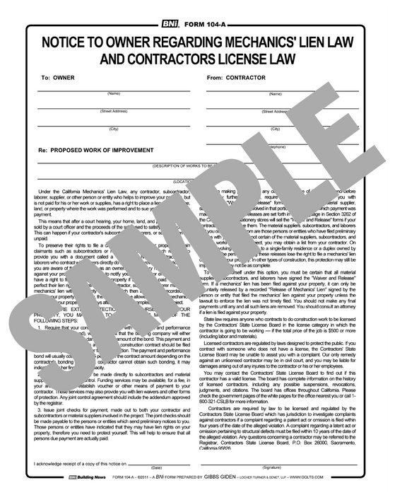 Notice to Owner Regarding Mechanics Lien Law & Contractors License