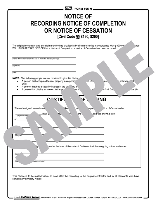 Form 105N: Notice of Recording Notice of Completion or Notice of Cessation (Reusable PDF Format)