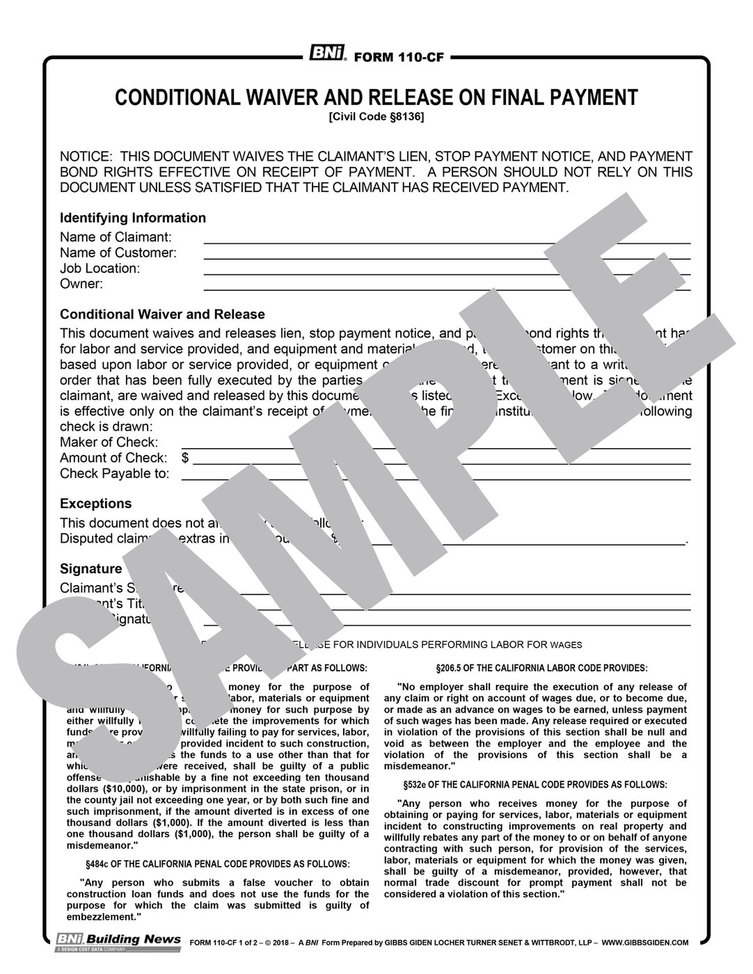 Form 110CF: Conditional Waiver and Release Upon Final Payment — BNi ...