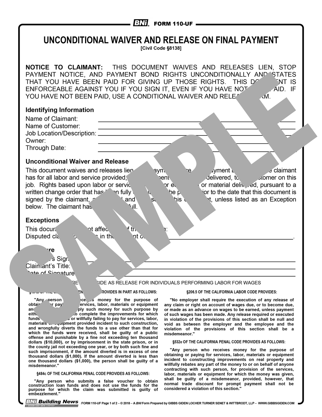 Form 110UF: Unconditional Waiver and Release Upon Final Payment — BNi ...