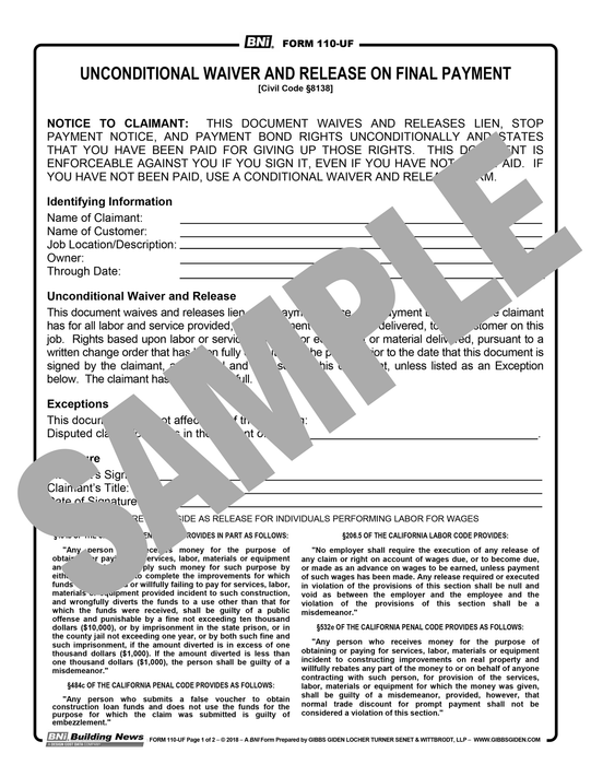 Unconditional Waiver Example Form 110UF: Unconditional Waiver and Release Upon Final Payment — BNi ...