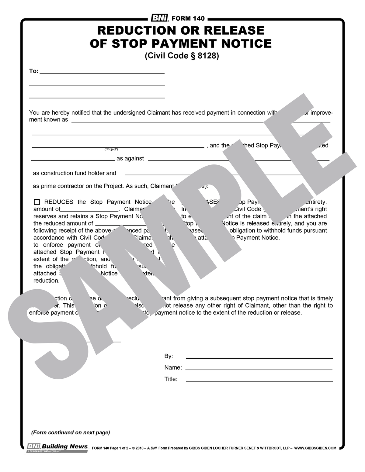 Stop Notice Example Form 140: Partial Release of Stop Notice (Reusable PDF Format) — BNi ...