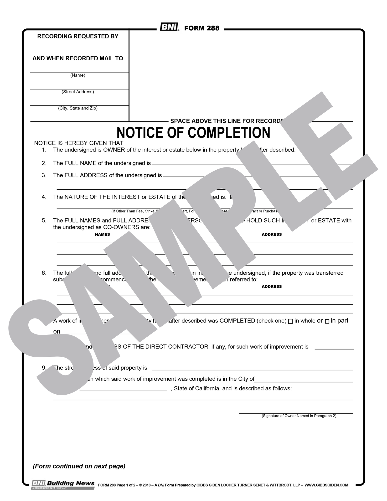 Form 288: Notice of Completion (Reusable PDF Format) — BNi Building News