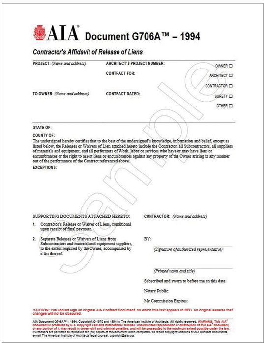 AIA G706A-1994: Contractors Affidavit Release (Waiver) of Liens (50 Pack)